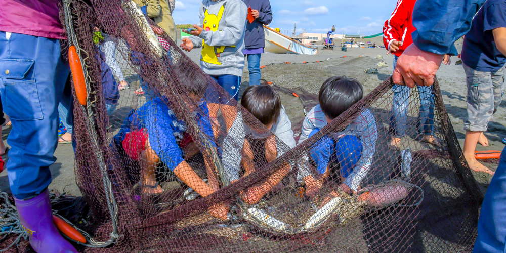 瀬戸内海の離島、小豆島で漁業体験に夢中な子供たち。